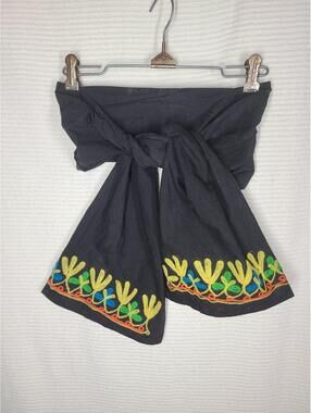 Vtg 50s Waist Belt Black Cotton Tie Fuzzy Chainstitch Unique Rare O/S Pinup